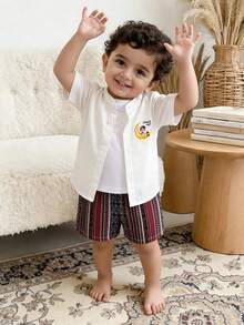 Baby Boy Cartoon Character Short Sleeve Button-Up Shirt And Geometric Print Shorts Casual Outfit - Multicolor - View 1