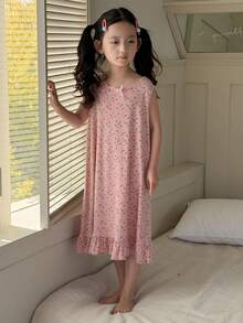 DAZY Áo ngủ không tay cổ tròn họa tiết hoa nhí cho bé gái, thích hợp mặc nhà dịp Lễ Phục Sinh. - Hồng - Xem 5
