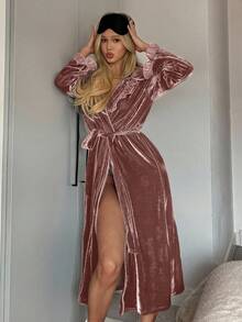 DAZY Women's Long Velvet Lace Trim Robe Loungewear Jacket, Autumn/Winter - Pink - View 4