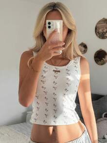 DAZY Ditsy Floral Ribbed Knit Sleeveless Tank Top For Women - Beige - View 9