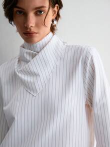 ATUI Studio 女士条纹系带长袖休闲通勤衬衫 - 白色 - 查看 6