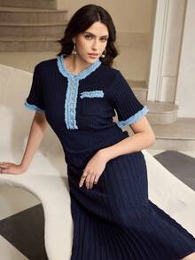 ZEYLAH Ribbon Trim Short Sleeve Waist Cinched Long Knit Sweater Dress - Navy Blue - View 1