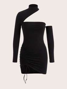 SHEIN ICON Robe Moulante À Col Asymétrique De Couleur Unie Avec Cordon De Serrage À La Taille - Noir - Voir 7