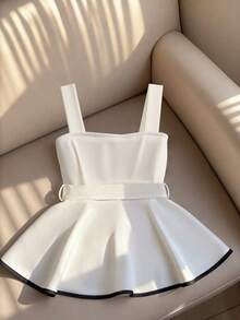 Franclia New Elegant Women Camisole Top, White With Black Contrast, Gold Buckle Waist Design, Slim Fit, Versatile French Style Vest, Suitable For Spring And Summer - Apricot - View 2