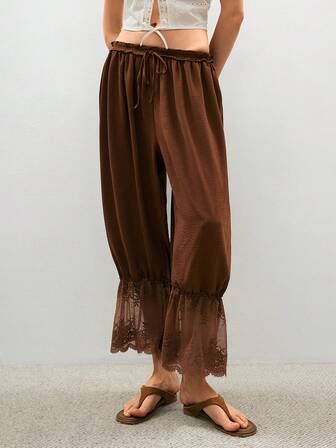 ATUI Studio Calça Feminina Casual, Vintage e Elegante com Renda Contrastante