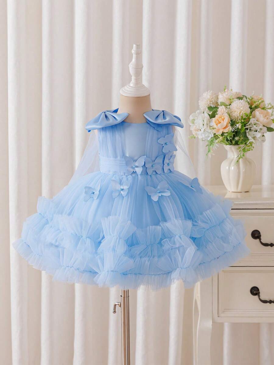 Glamorique Kids 女童可爱薄纱泡泡裙,饰有蝴蝶结和珍珠,生日派对节日舞会公主裙 - 藍色 - 查看 1