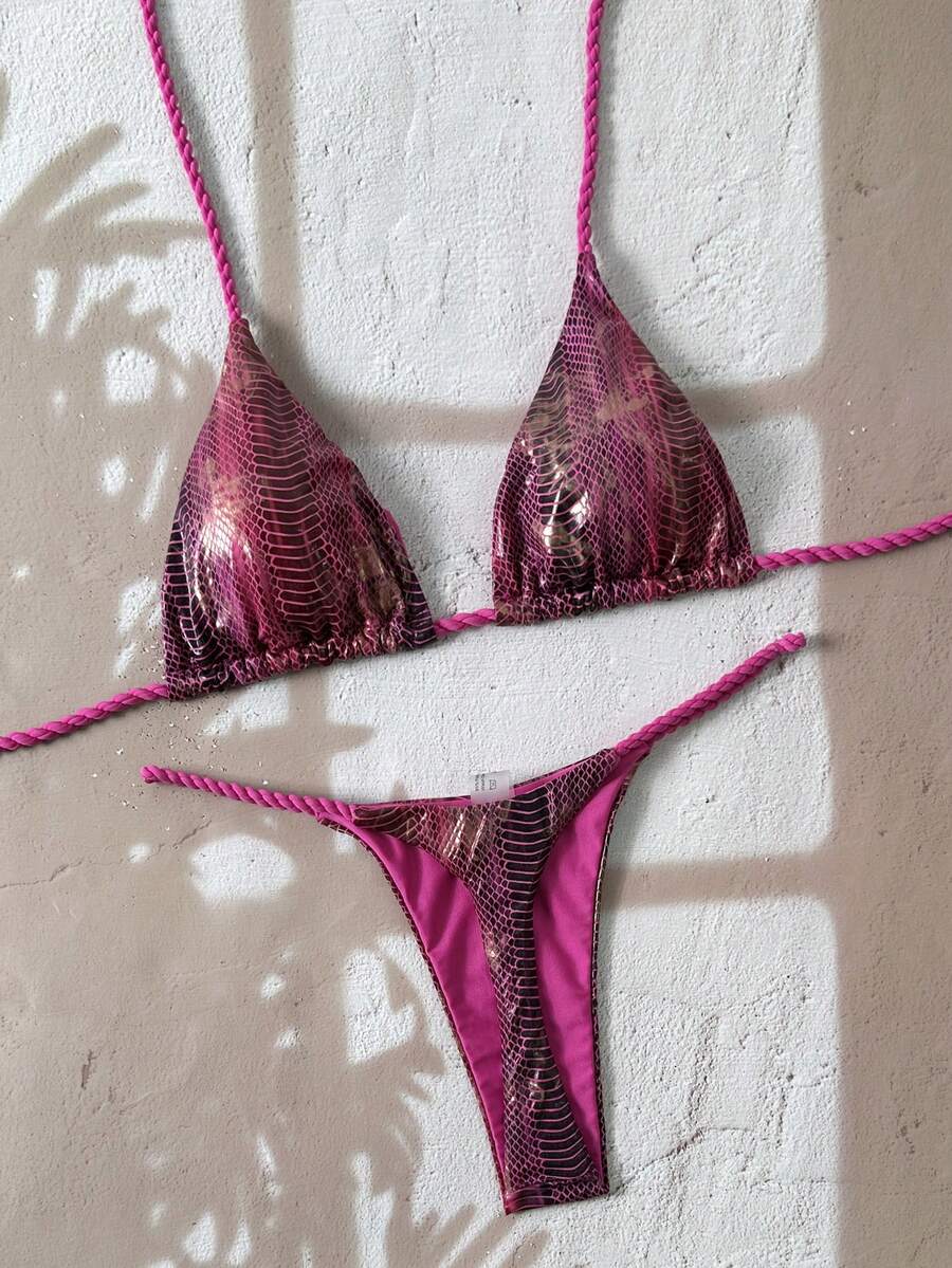 Swim SXY 2pcs/Set Animal Print Textured Fabric Halter Triangle Bra Top And Side Tie Thong Bikini Swimsuit Set, Sexy Women Summer Holiday - Hot Pink - View 1