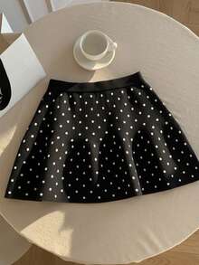 Comfortcana Women's Polka Dot Mini Skirt, Spring, Christmas & New Year Black Polka Dot Knit Skirt - Black - View 4