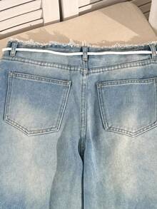 Comfortcana Quần jeans ống rộng có túi, gấu quần rách, thích hợp cho nữ mùa hè, xuân, đi biển, nghỉ mát, phong cách Y2K. Quần denim ống rộng dáng rộng thời trang với gấu quần rách và dây rút ở eo, màu xanh nhạt. - Rửa trung bình - Xem 5