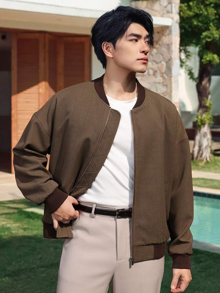 Men's Contrast Color Ribbed Brown Jacket And Coat, Spring/Autumn