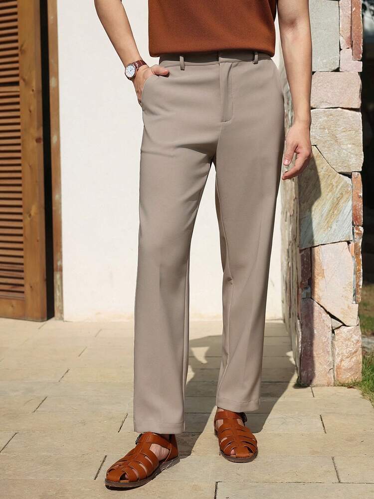 Men's Khaki Slim Fit Ankle Length Pants, Suitable For Spring And Summer