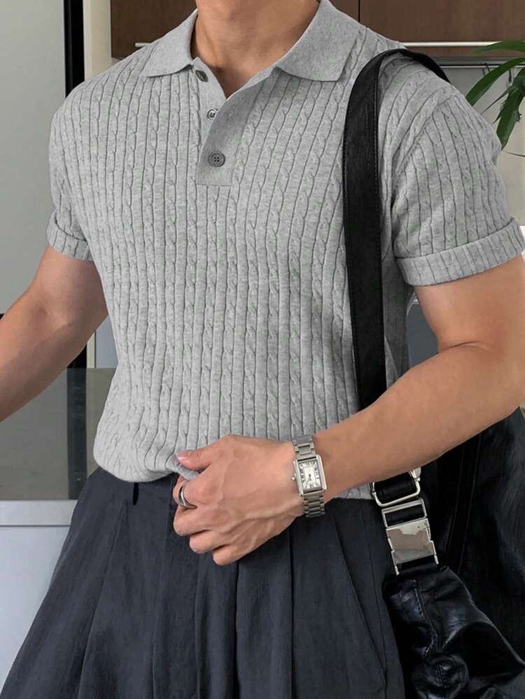 Men's Solid Gray Polo Neck Knit Top, Summer