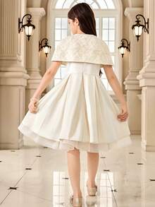 SHEIN Tween Girl Spring/Summer Elegant Rhinestone Embellished 3D Rose Embroidered Mesh Bolero Shrug With Waist-Cinched Pleated Full Skirt Princess Dress With Large Bow Decor, 2-Piece Apricot Dress Set For Wedding Season, Party, Gathering, Holiday, KIDS - Apricot - View 2
