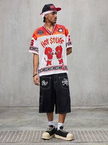SHEIN HOT STUFF Men's 1pc Summer Breathable Mesh Patchwork Cartoon Pattern V-Neck Short Sleeve T-Shirt - White - View 4