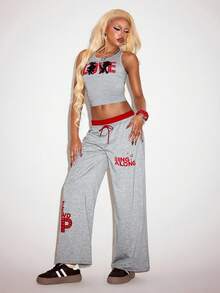 SHEIN Trolls 2pcs Women Letter Cartoon Pattern Round Neck Tank Top And Long Pants Set Everyday Black And Red Red Summer Streetwear Y2k 2000s - Grey - View 3