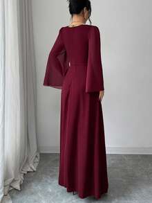 Elenzga Vestido romántico de línea A con cuello en V y cintura recogida, color borgoña