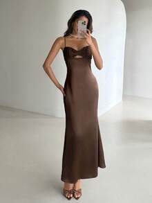 Aloruh Women's Elegant Lace Cup Detail Satin Waist Fitted Brown Dress, Suitable For Valentine's Day, Date, Birthday,Women Dating Dress,Women Night Out Dress,Summer Dresses For Women, Honeymoon Outfits Woman .Women Wedding Guest Dress. Island Vacation Outfits,Wedding Guest Dress Women ,Sun Dresses For Women ,Elegant Dresses For Party, Birthday Dresses For Women,Valentines Day Dress,Weddings & Events,Wedding Party Dress - Brown - View 10