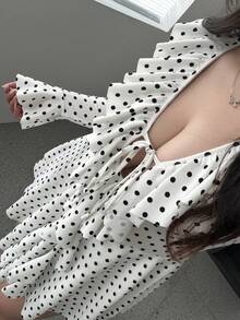 Vibekara Vestido Curto Casual Elegante e Sexy com Decote em V, Estampa de Bolinhas Brancas e Silhueta em A, Adequado para Outono, Inverno e Primavera, em Tamanhos Plus Size