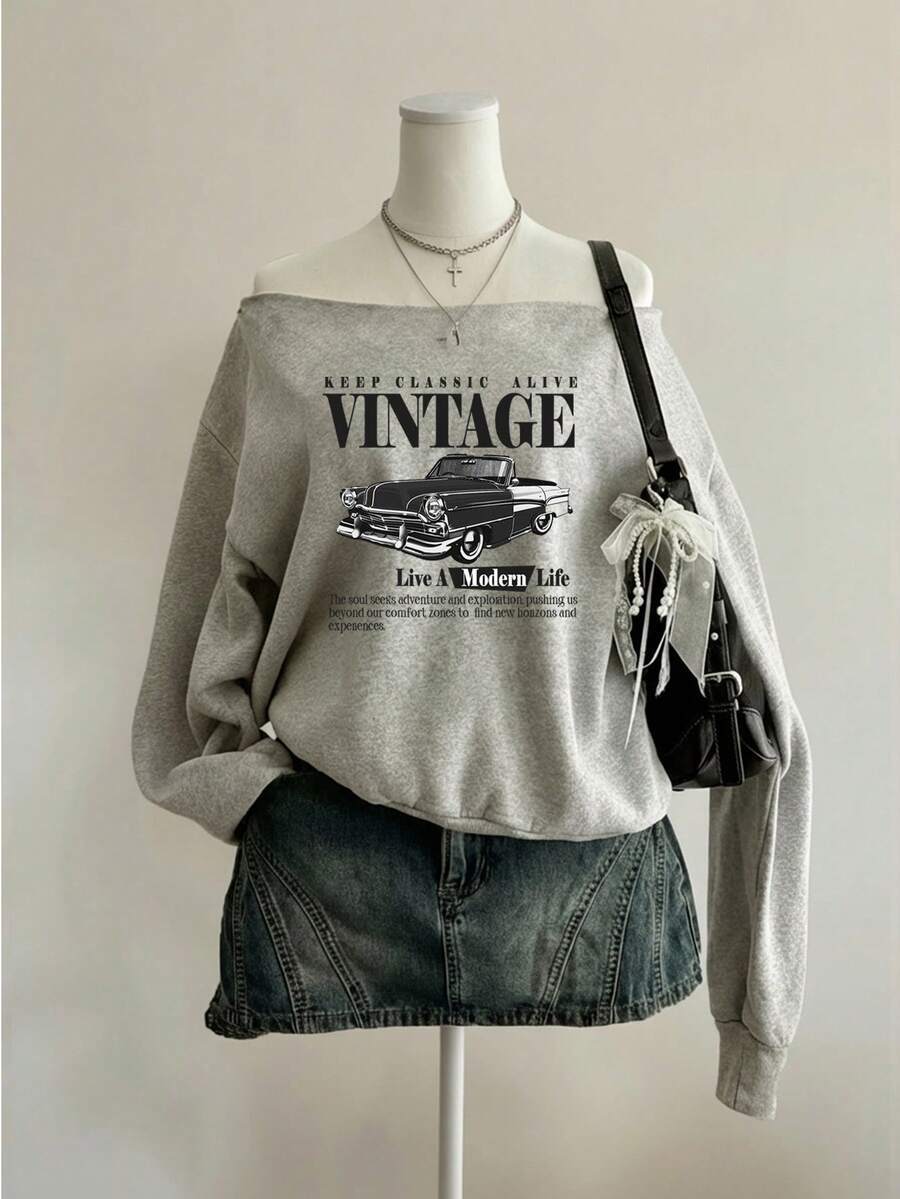 Attitoon Áo sweatshirt tay dài dáng rộng, phong cách retro cổ điển, in hình xe hơi, thích hợp cho nữ, thích hợp mặc mùa thu/đông và đầu xuân. - Màu Xám nhạt - Xem 1