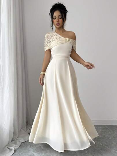 Siren Gaze New Lace Shawl Asymmetric Shoulder Dress For Women One Shoulder Formal Dress Champagne Formal Dress Dress Elegant Ivory Dresses Wedding Dress Guest Gown