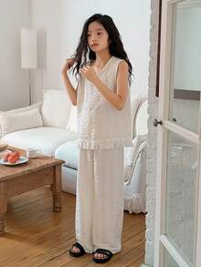 DAZY Tween Girl Solid Color Ruffle Collar Sleeveless Shirt And Long Pants Casual Outfit - Beige - View 6