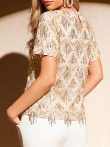 Amorya Women's Round Neck Sequin Patchwork Fashionable Versatile Commuting Short Sleeve Blouse - Apricot - View 2