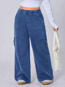 Flexra Plus Size Casual Washed Straight Leg Cargo Jeans - Medium Wash - View 3