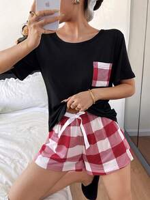 Round Neck Short Sleeve Loose Casual Comfortable Breathable Plaid Print Pajamas - Black - View 6