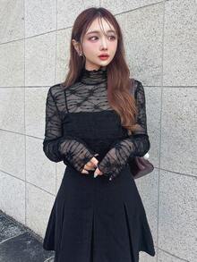 FRIFUL 女士高领修身蕾丝吊带背心 - 黑色 - 查看 6