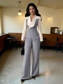 Elenzga 女士秋冬季办公室商务休闲套装，金属装饰，收腰设计，不对称优雅通勤时尚套装 - 霧霾藍 - 查看 5