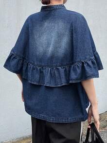 FRIFUL 女士休闲水洗荷叶边前扣牛仔衬衫，夏季 - 藍色 - 查看 2