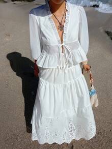 Livesso 春夏提花荷叶边系带露脐上衣和镂空半裙两件套，休闲海滩度假风女装 - 白色 - 查看 8