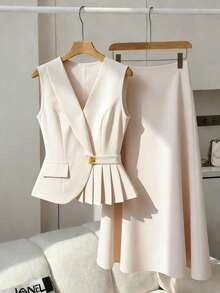 Franclia 女士优雅通勤纯色背心半裙套装，复古风格 - 杏色 - 查看 1