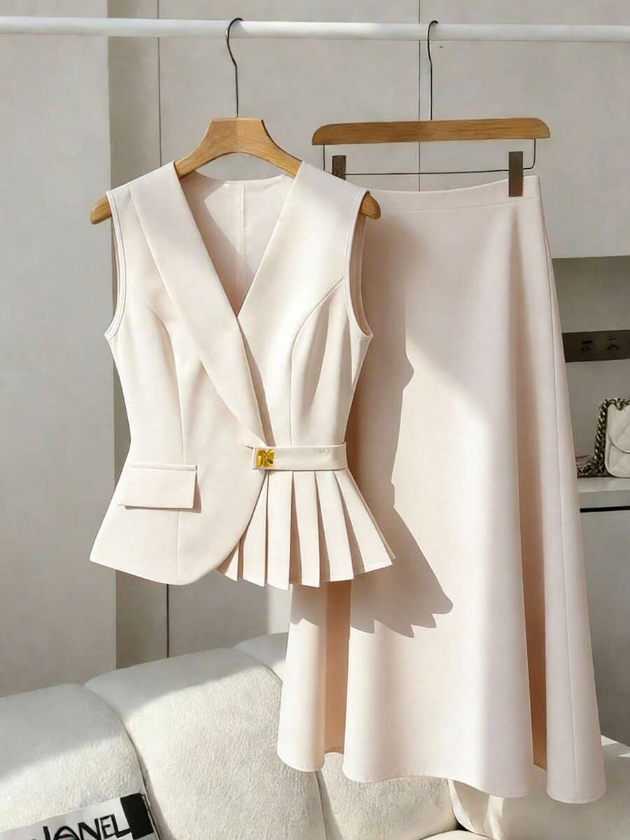 Franclia 女士优雅通勤纯色背心半裙套装，复古风格 - 杏色 - 查看 1