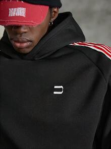 NEON BLANC Men's Red Ribbon White Fringe Patchwork Black Hoodie - Black - View 7