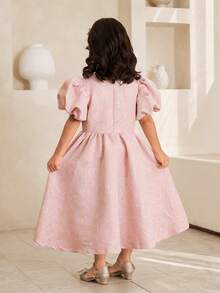 Glamorique Kids Pink Summer Traditional Wedding Young Girl Elegant Jacquard Puff Sleeve Bow Tie Neck Dress,Princess Princess Dress For Performance,Holiday Party - Pink - View 2