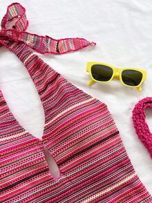 Soleia Trang phục dự tiệc cưới kiểu miền Tây, tiệc tốt nghiệp, lễ Thánh Patrick, kỳ nghỉ xuân, lễ Phục sinh, lễ hội âm nhạc, đầm ngắn hở vai, cổ yếm, sọc kẻ phong cách Bohemian nhiệt đới thanh lịch dành cho nữ. - Màu Hồng Tươi - Xem 3