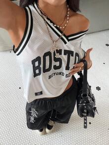 SHEIN EZwear Letter Graphic Striped Trim Tank Top Without Cami Top - White - View 6