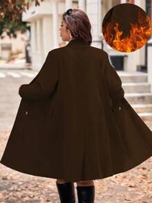 Vionelle 女士高级灰色中长款大衣，优雅双排扣翻领大衣，秋季服装，大码冬季服装，大码外套，女士大码大地色系大衣 - 棕色 - 查看 2