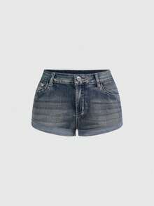 ROMWE Grunge Punk Y2K Retro Cross Wing Embroidery & Rhinestone Decor Women Denim Shorts - Blue - View 2