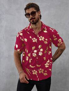 Manfinity LEGND Chemise décontractée à manches courtes avec boutons et imprimé floral pour hommes - Rouge - Voir 3