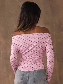 SHEIN BAE Women's Casual Polka Dot Print Asymmetrical Neck Long Sleeve Ruched Fitted T-Shirt, Spring/Autumn - Coral Pink - View 2