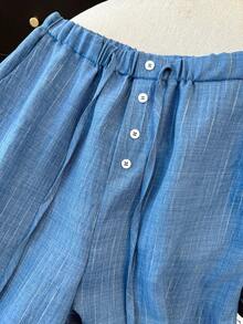 Franclia Quần ống rộng dáng suông thoải mái cho nữ, thích hợp đi nghỉ mát và đi làm, có dây rút ở eo, cài cúc giả ở ngực. - Màu xanh lam - Xem 5