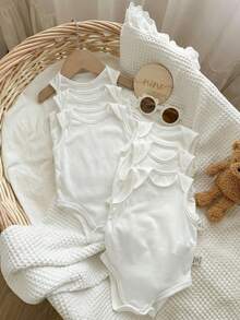 6pcs/Set Newborn Baby Boy Simple Comfortable Solid Color Sleeveless Bodysuit - White - View 3