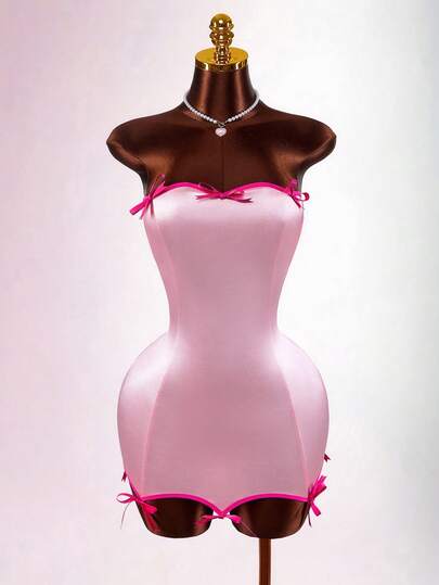 Amplova Women's Contrast Trim Bow Decor Fitted Bandeau Mini Dress Bow-Knot Heart-Shaped Tight-Fitting Bodycon Sleeveless Color-Blocked Mini Mini Skirt For Birthday Parties Summer Dresses For Women Elegant Dresses For Party Casual Outfits For Women