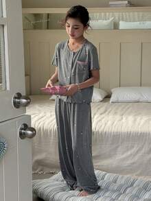 DAZY Tween Girl Floral Print Short Sleeve Button-Up Top And Pants Pajama Set - Dark Grey - View 6