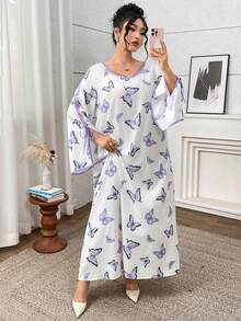 Al Najma 大码女士优雅长袖蝴蝶印花阿拉伯风格连衣裙 - 彩色 - 查看 5