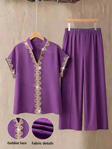 Elenzga Linhara 2pcs Plus Size Fashion V-Neck Applique Short Sleeve Top And Pants Set, Suitable For Women In Spring/Summer - Purple - View 3