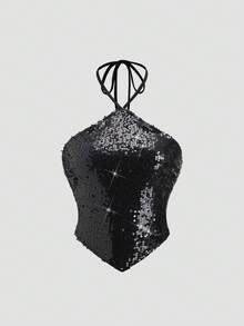 Sweetra Women's New Sexy Backless Spaghetti Strap Strap Tie Crop Top, Y2K Sequin Sleeveless Vest, Backless Fitted Shirt, Suitable For Music Festivals, Beach Vacations - Black - View 1