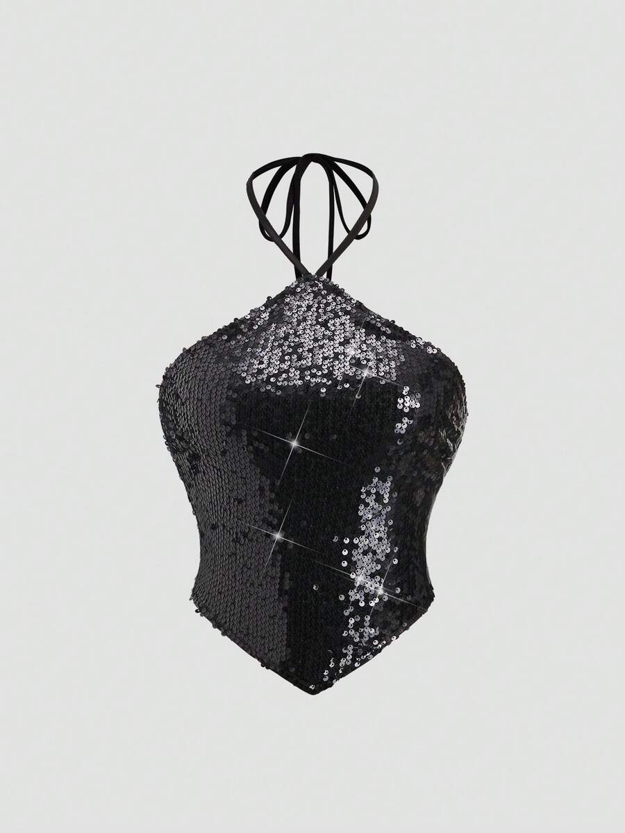 Sweetra Women's New Sexy Backless Spaghetti Strap Strap Tie Crop Top, Y2K Sequin Sleeveless Vest, Backless Fitted Shirt, Suitable For Music Festivals, Beach Vacations - Black - View 1